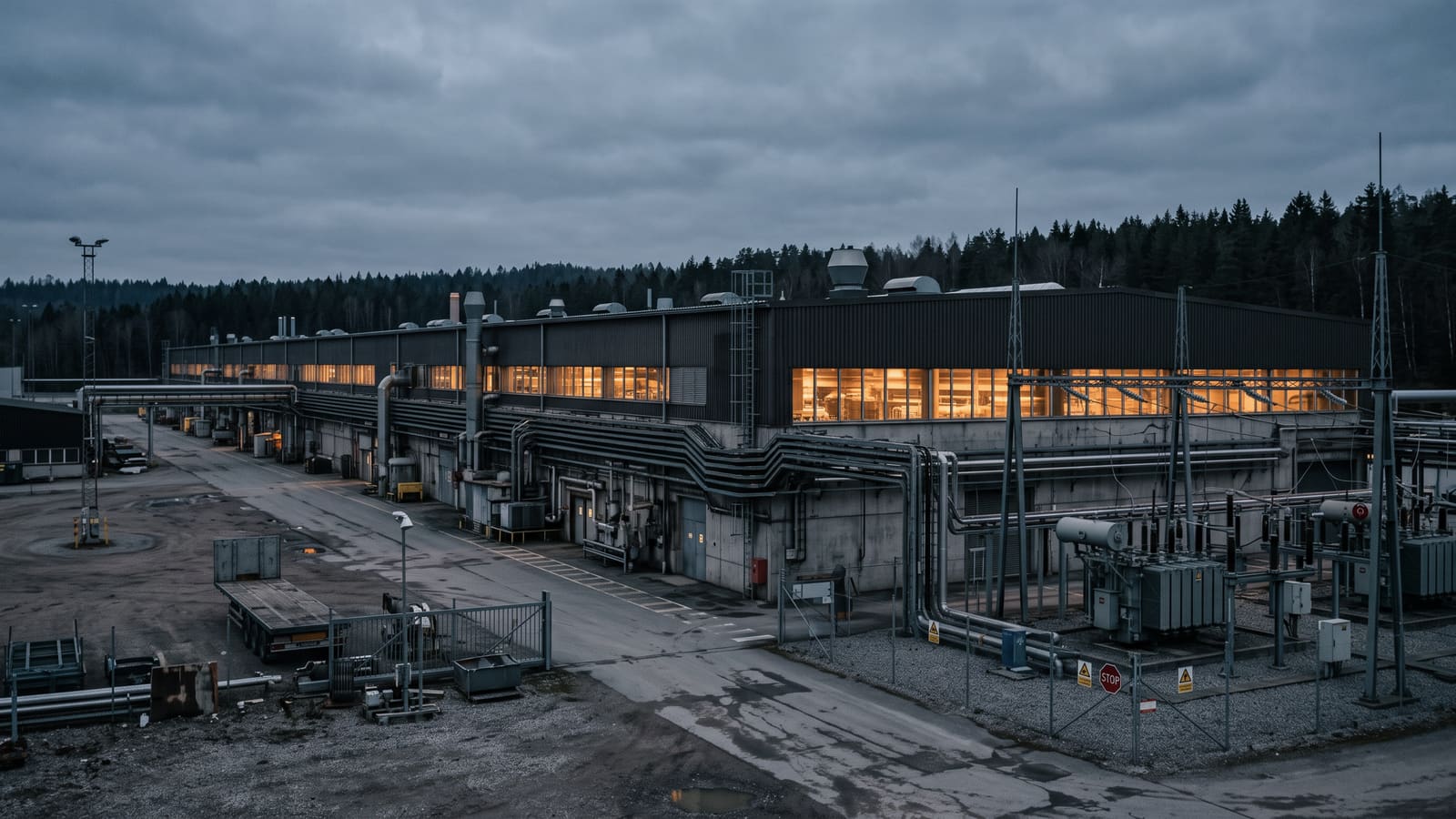 An industrial plant at dusk: the lit production hall, cable routes and a substation at the edge