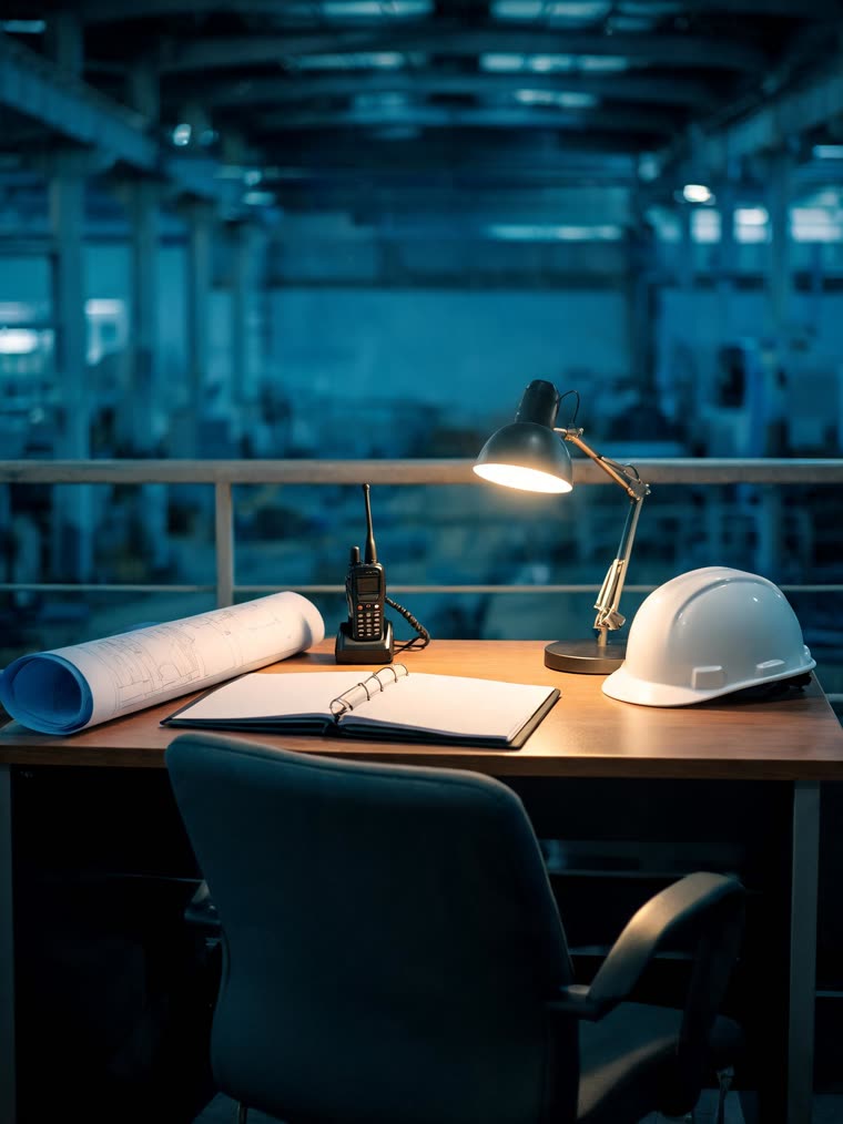 Ein einzelner Schreibtisch in der Produktionshalle: Planrolle, Funkgerät, Helm, ein Stuhl