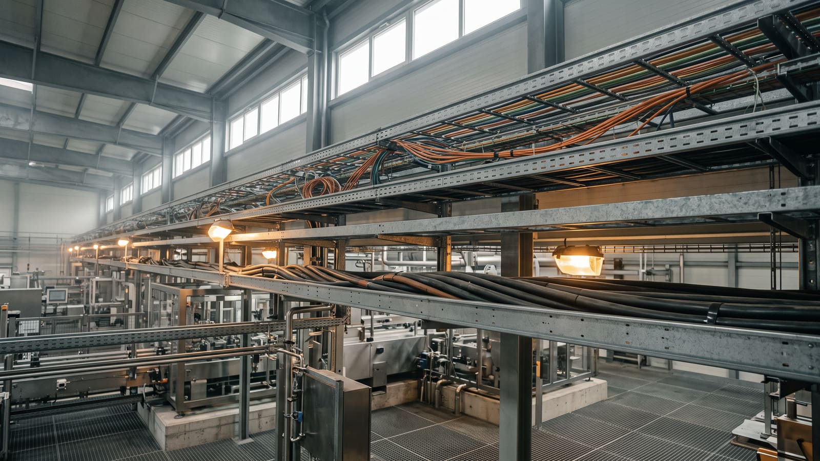 Kabeltrassen, auf denen LWL- und Industrial-Ethernet-Leitungen nebeneinander laufen