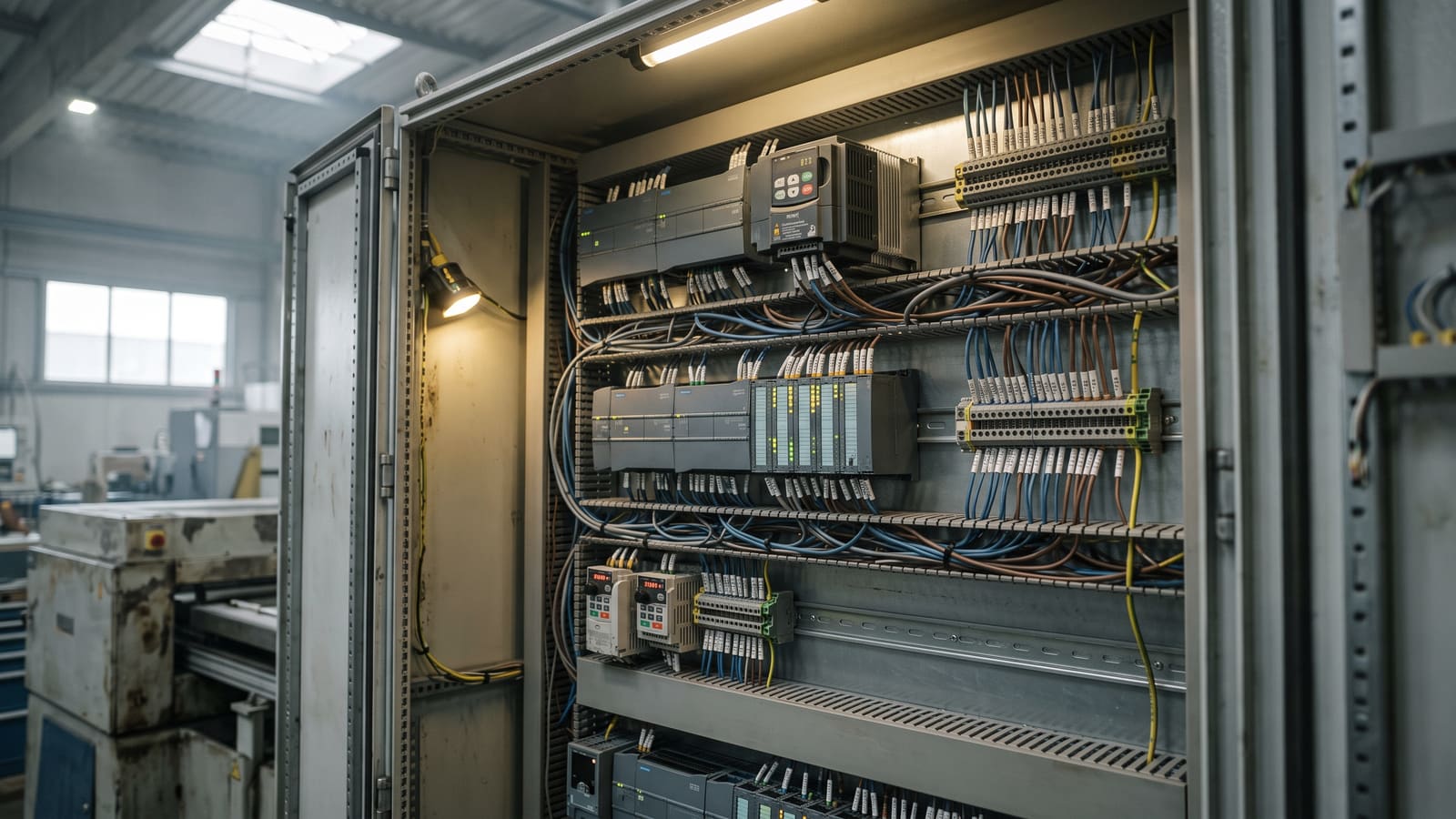 Inside a control panel: PLC I/O modules, drives and labelled control wiring